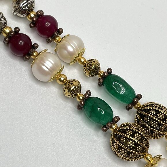 Stunning Green Red Gemstone Freshwater Pearl Beaded Necklace Gold Plated 23" - Picture 4 of 9